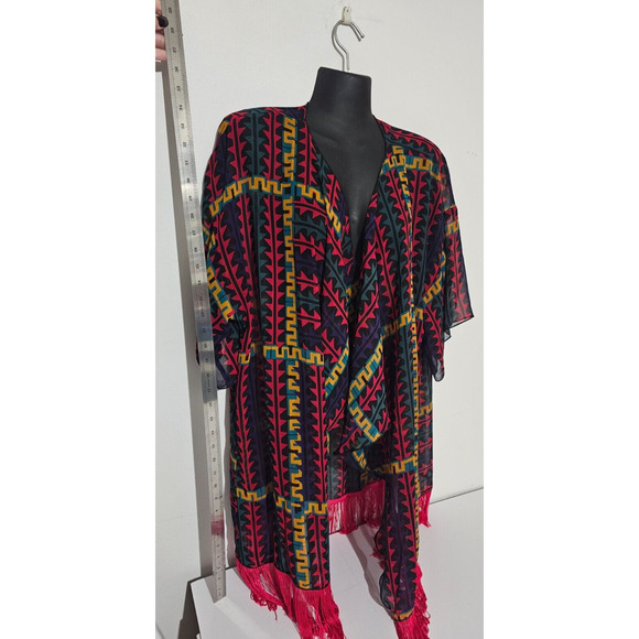 LuLaRoe Monroe Cardigan Kimono Red Fringe, Geometric Print Women's Sz Large - Picture 5 of 5